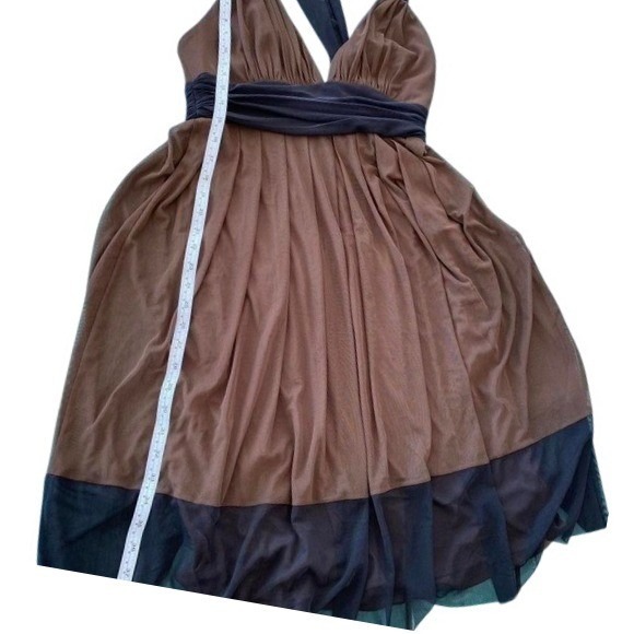 London Style Brown Black Halter Neck Ruched Waist Pleated Midi Dress Size 8 - Picture 5 of 7